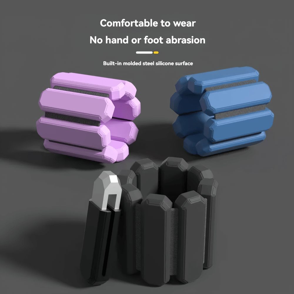 Adjustable weighted bracelets in purple, blue, black for wrists and ankles; comfortable, durable, waterproof for effective workouts.
